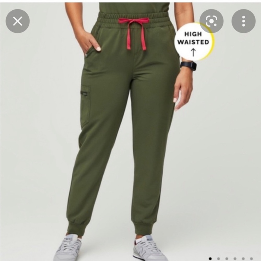 Figs Women's High-Waisted Jogger Pants - Olive Green with Red Drawstring
